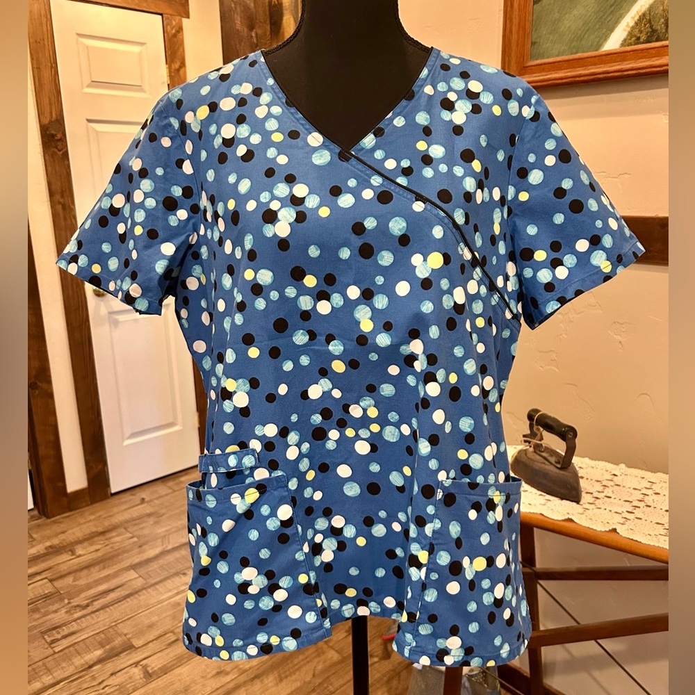 Cherokee Blue and White Wrap Scrub top